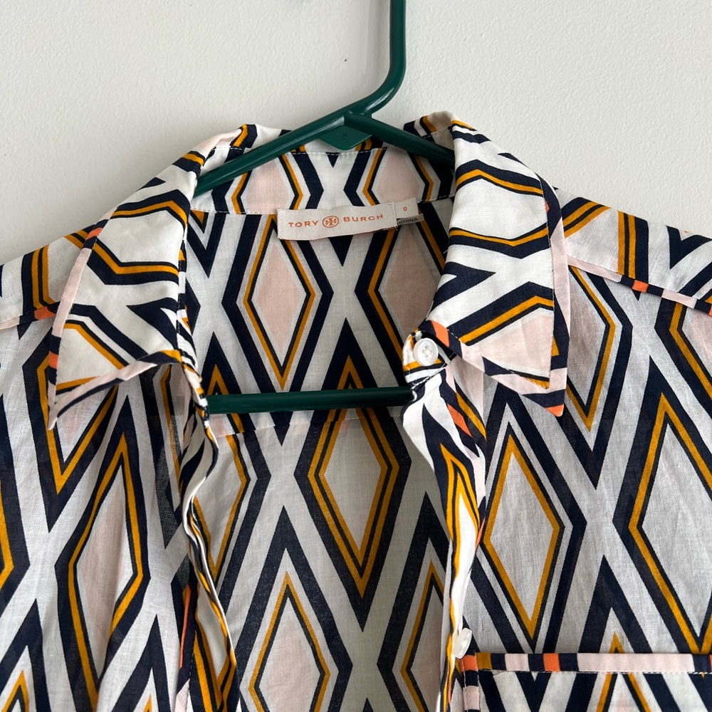 Tory Burch Navy and Orange Diamond Print Blouse